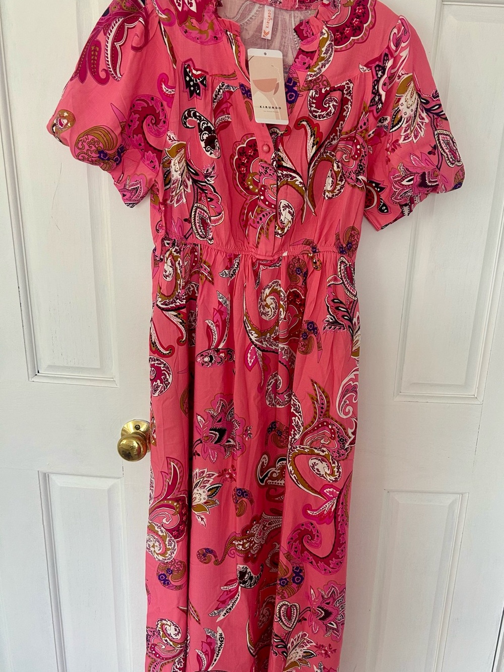 Pink Paisley Maxi Dress with Ruffled Neckline